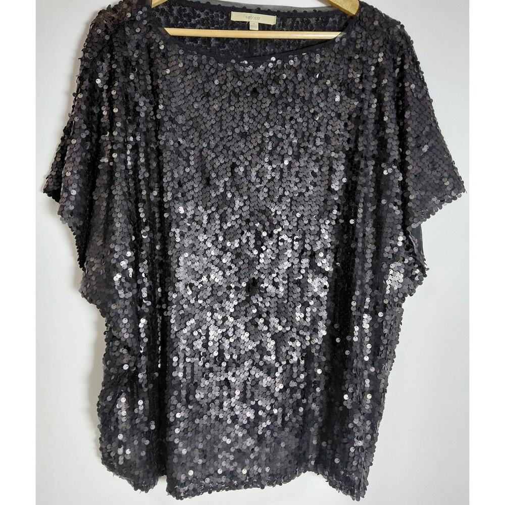 sejour Sequin Top Black Solid Short Sleeve Women Size 1X Plus